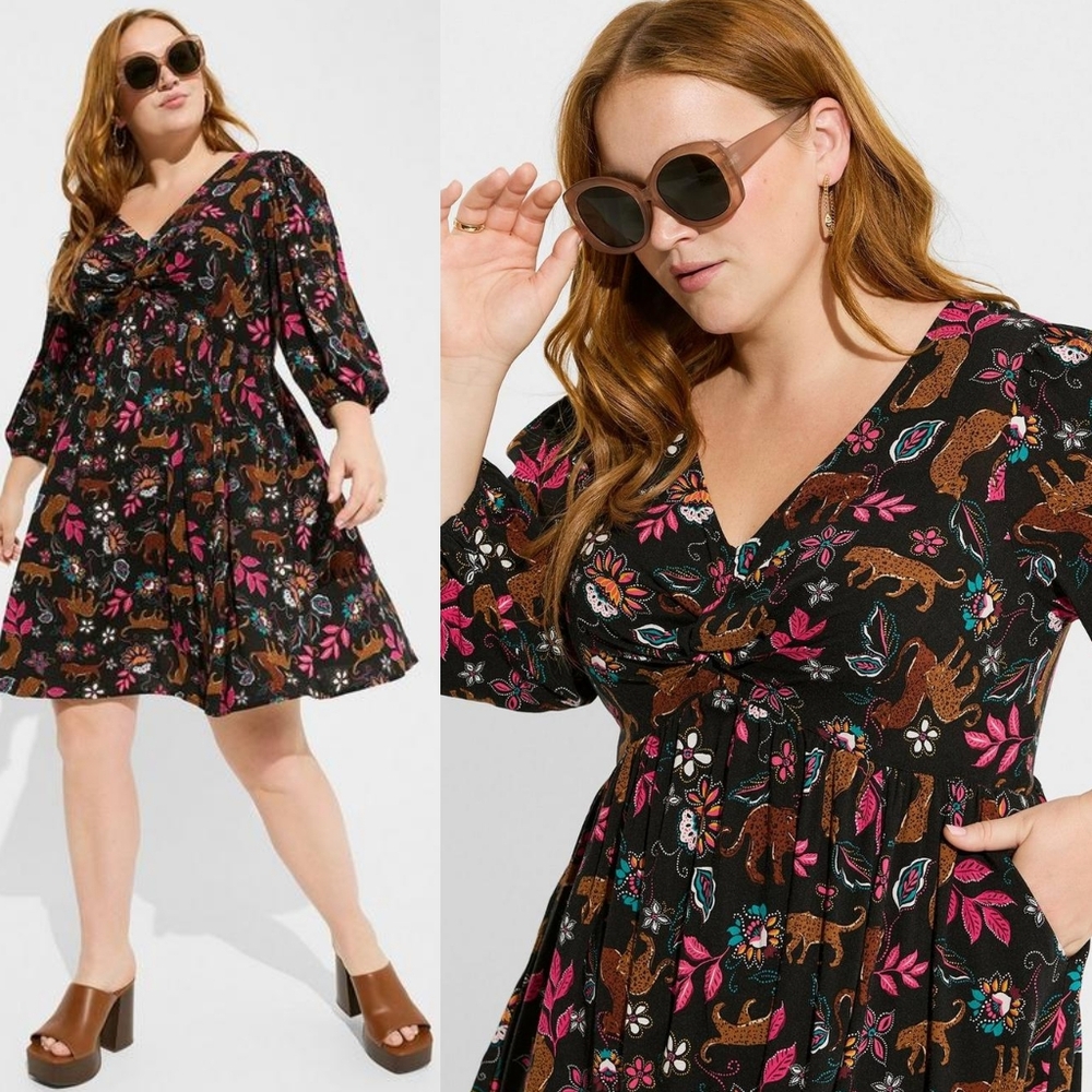 NWT Torrid Mini Twist Front Balloon Sleeve Dress - Leopard Leaves